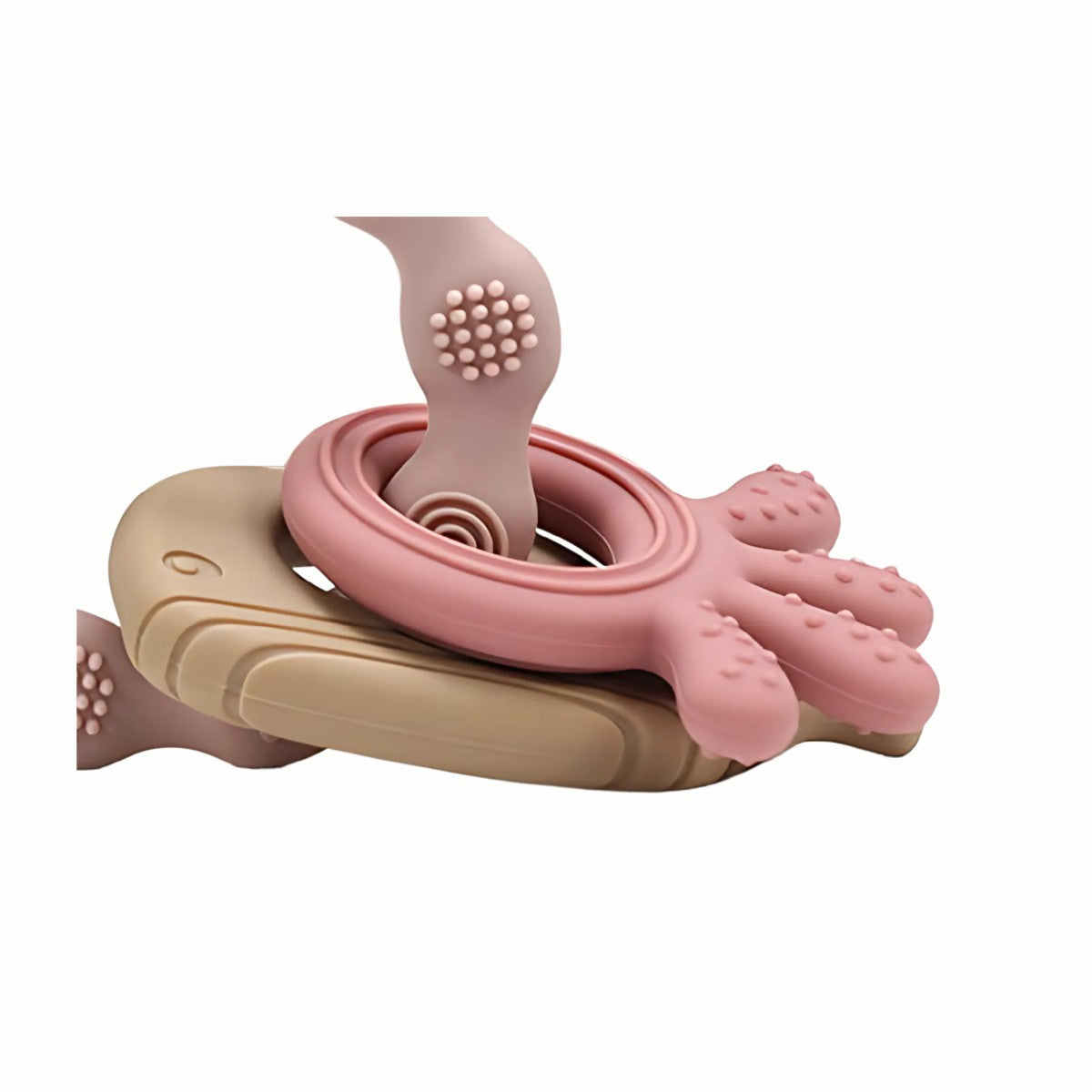 Close-up of the textured silicone shapes hanging from the pink Silicone Teething Keyring, showing the easy-to-grasp shape that promotes fine motor skills