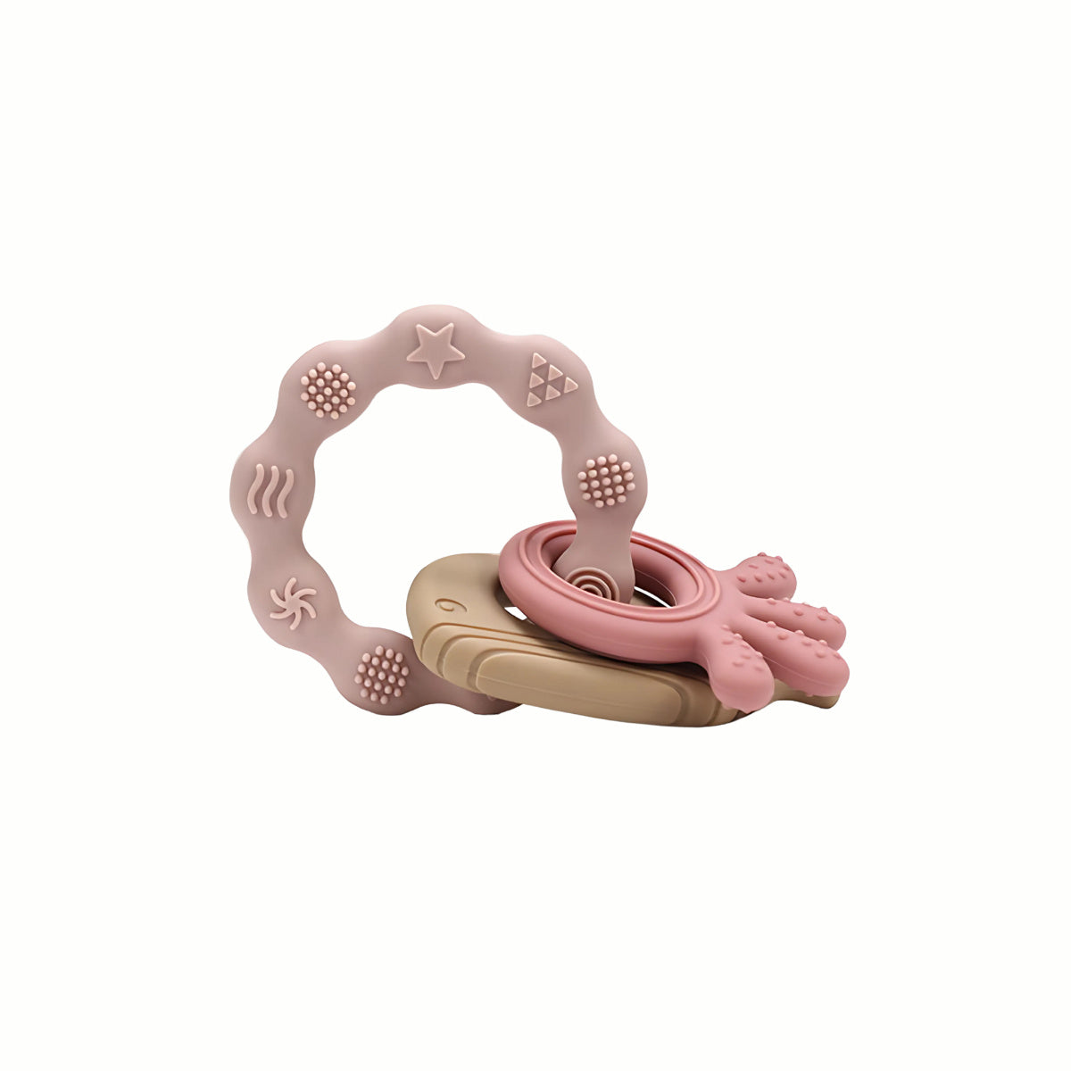Full view of the pink Silicone Teething Keyring, a safe for teething baby accessory that is lightweight and easy to clean.