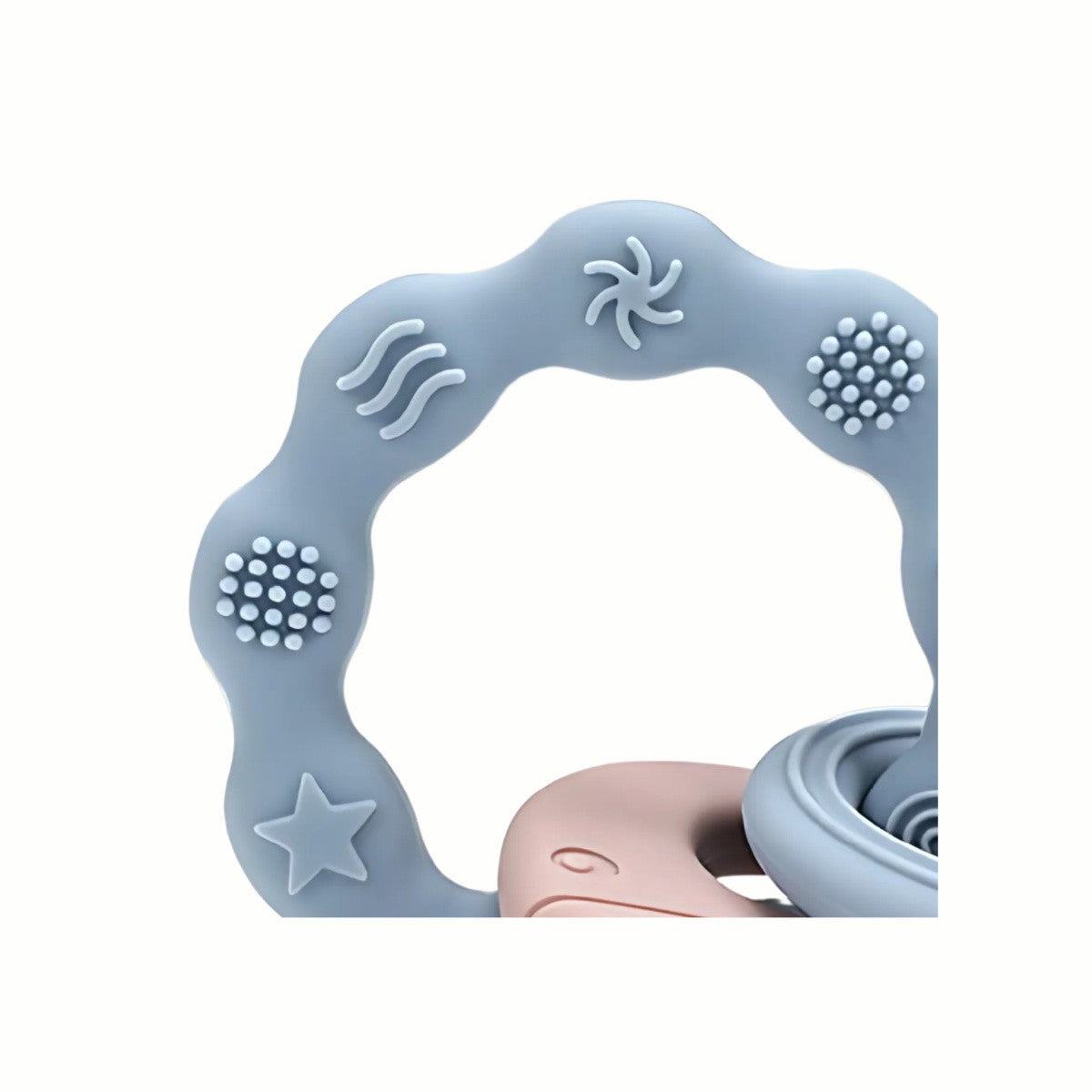 Close-up of the blue Silicone Teething Keyring, highlighting the silicone textured surface designed to gently massage and comfort sore gums.