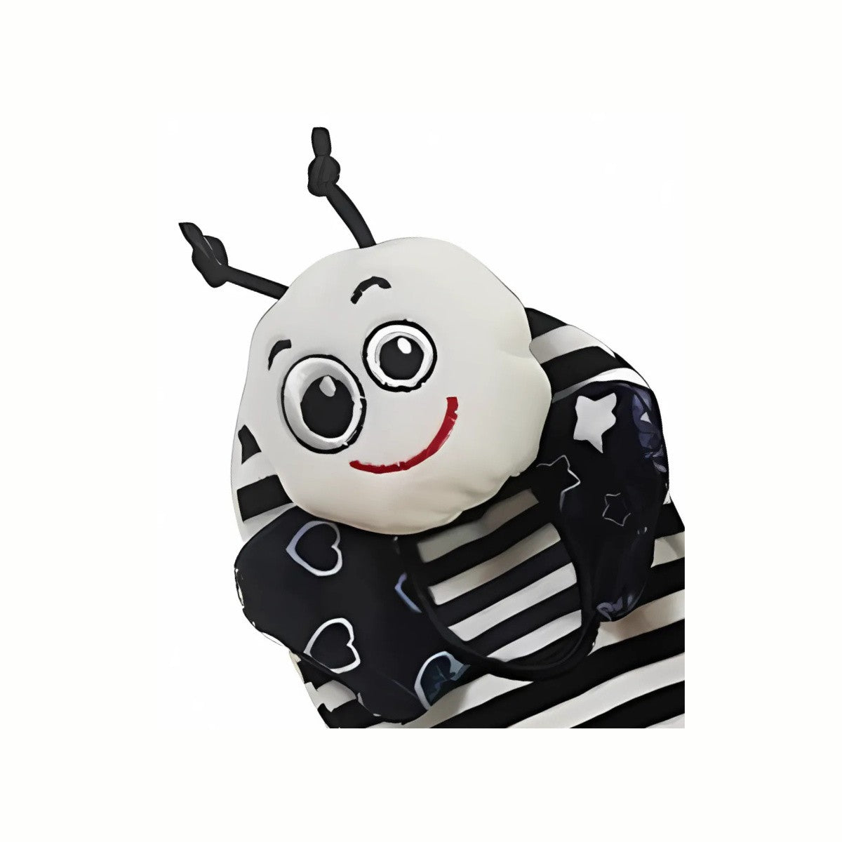 Close-up of the charming bee face on the Soft Black & White Rattle Sock, highlighting the gentle rattles inside that encourage early sensory exploration.