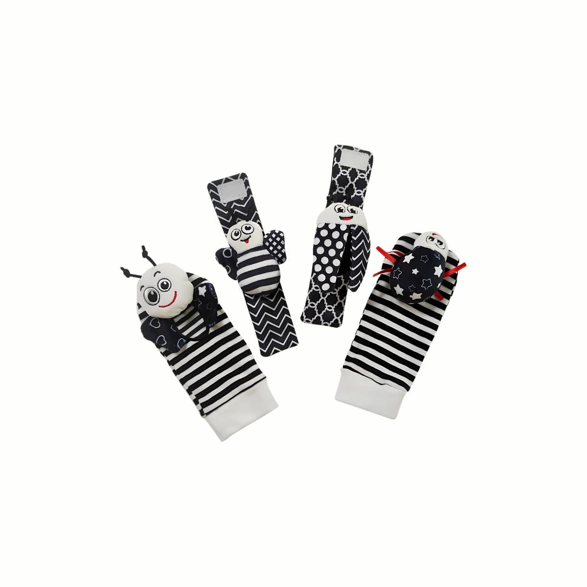 Soft Black & White Rattle Socks and Wristbands set, featuring high-contrast black and white patterns that are visually stimulating for newborns and young infants. The set helps develop motor skills and auditory awareness.