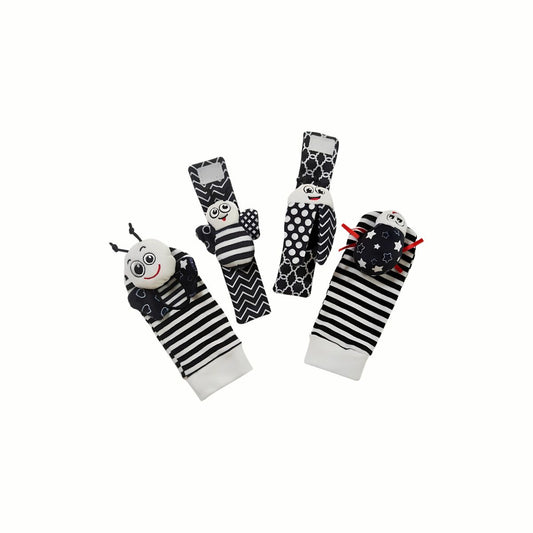 Soft Black & White Rattle Socks and Wristbands set, featuring high-contrast black and white patterns that are visually stimulating for newborns and young infants. The set helps develop motor skills and auditory awareness.