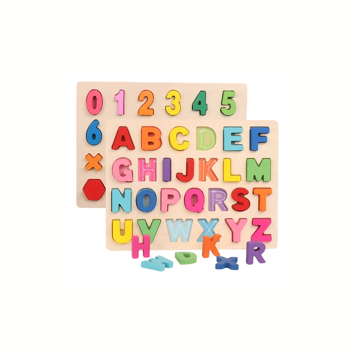 Wooden ABC, Number, and Shape Puzzle set, showing both the alphabet puzzle and the number and shape puzzle, covering early literacy and numeracy learning.