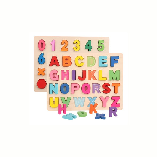 Wooden ABC, Number, and Shape Puzzle set, showing both the alphabet puzzle and the number and shape puzzle, covering early literacy and numeracy learning.