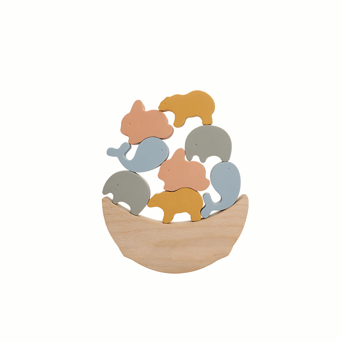 Wooden & Silicone Animal Stacking Toy showing the soft, colorful silicone animal figures stacked on the smooth wooden base. Crafted from natural wood and BPA-free food-grade silicone, this toy is both safe and eco-friendly.