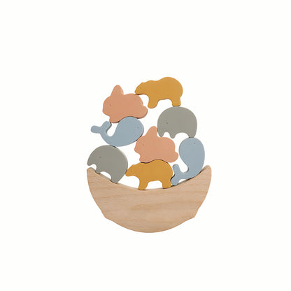 Wooden & Silicone Animal Stacking Toy showing the soft, colorful silicone animal figures stacked on the smooth wooden base. Crafted from natural wood and BPA-free food-grade silicone, this toy is both safe and eco-friendly.