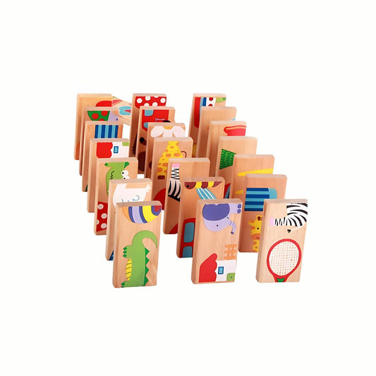 Wooden Animal Dominoes neatly lined up in rows, ready for classic domino play or falling