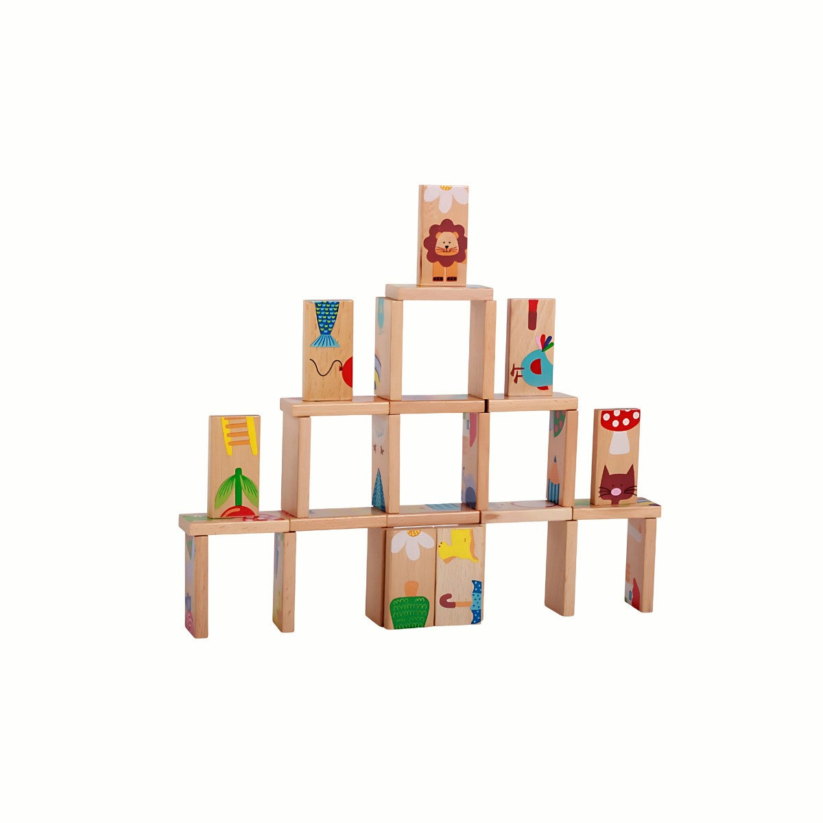 Wooden Animal Dominoes built into a tall, creative structure, highlighting the open-ended play and stacking possibilities.