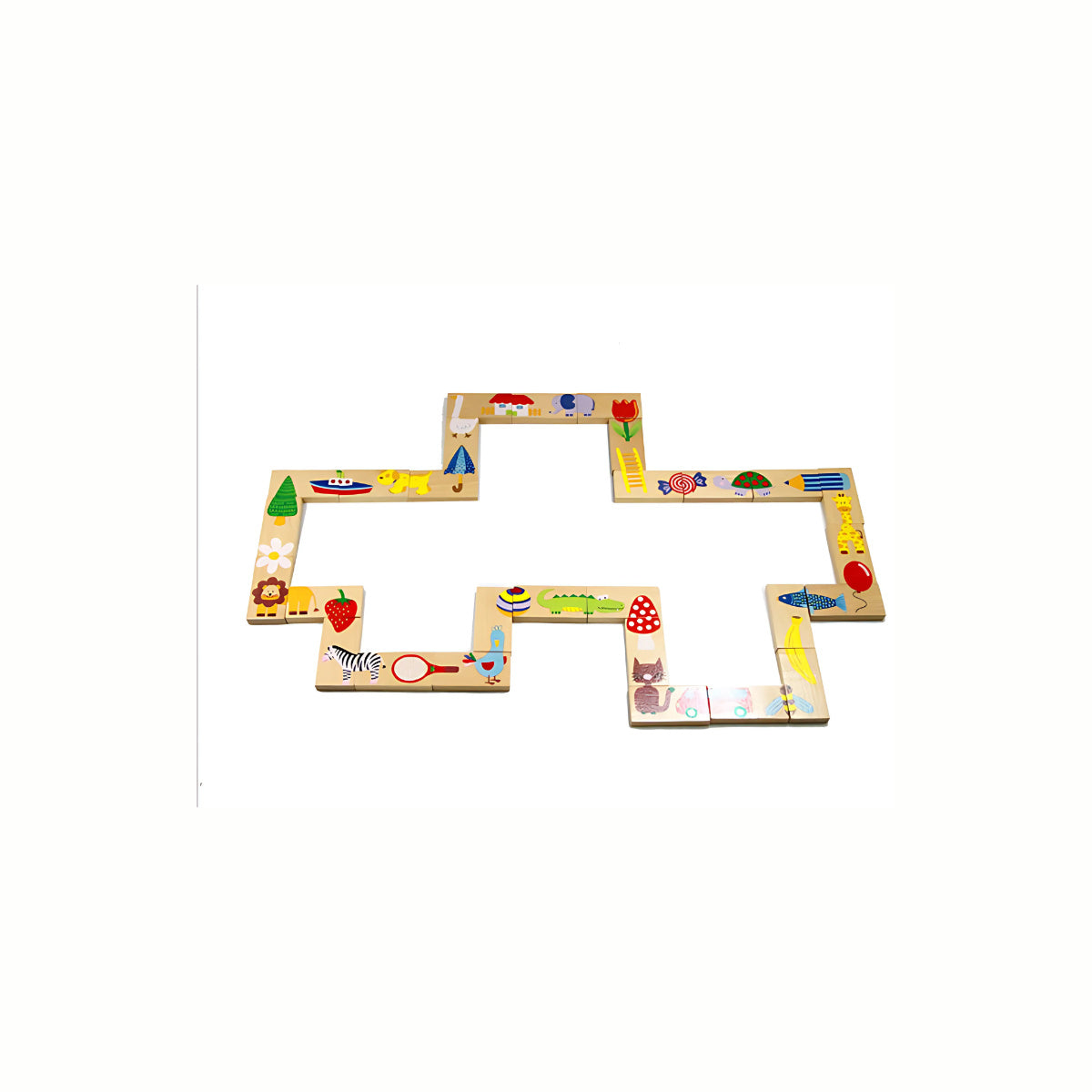Multiple Wooden Animal Dominoes laid flat, connecting matching animal halves to form cool, continuous shapes, emphasizing matching skills.