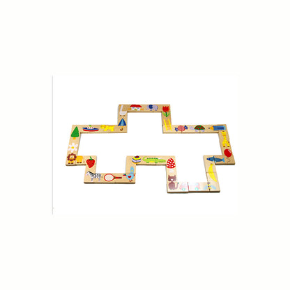 Multiple Wooden Animal Dominoes laid flat, connecting matching animal halves to form cool, continuous shapes, emphasizing matching skills.