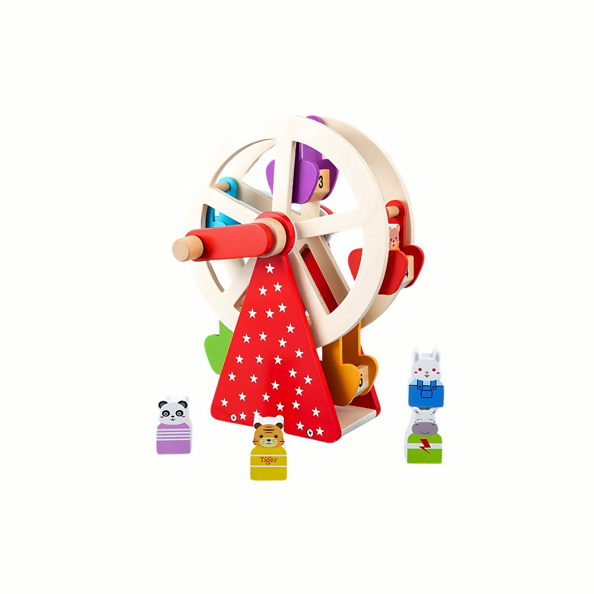 Wooden Animal Ferris Wheel from a different angle, showing the carriages loaded with the wooden animals and emphasizing the rotating feature.