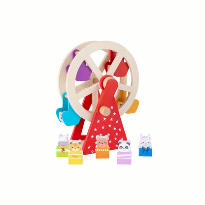 Wooden Animal Ferris Wheel, showing the colorful rotating wheel with the small wooden animal figures set up around it, a high-quality toy.