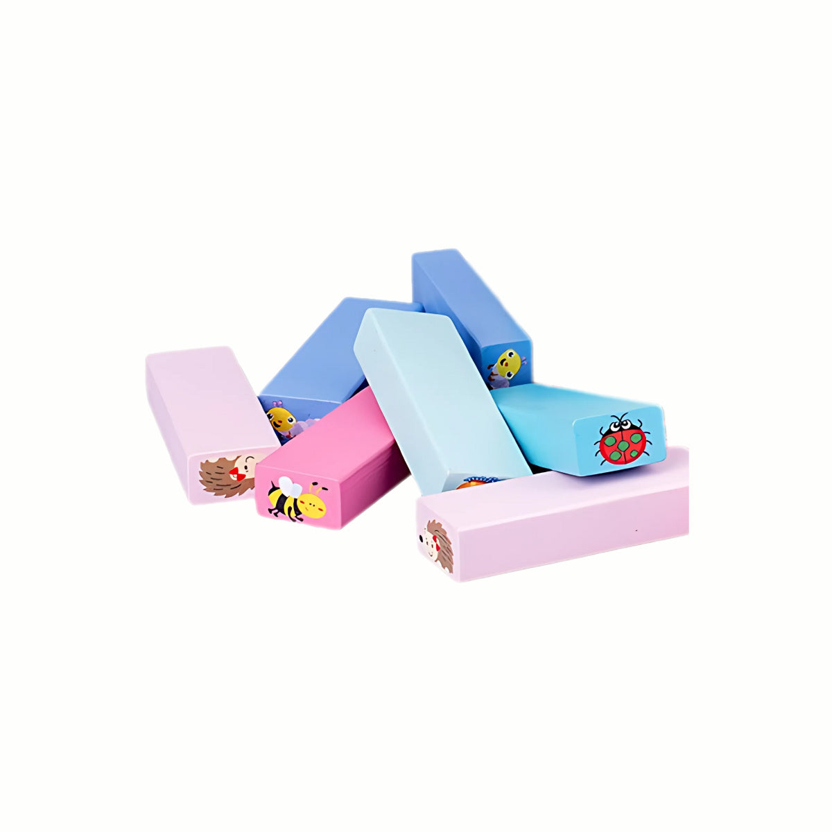 A close-up of the pastel-colored Wooden Animal Jenga Game blocks, highlighting the adorable animal illustrations on each end.