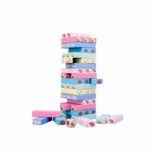 Wooden Animal Jenga Game, showing the colorful block tower with animal illustrations, the animal-themed die, and blocks scattered, crafted from sustainably sourced wood.