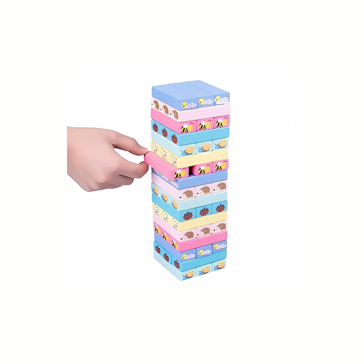 A hand carefully trying to remove an illustrated block from the Wooden Animal Jenga Game tower, testing concentration and fine motor skills.