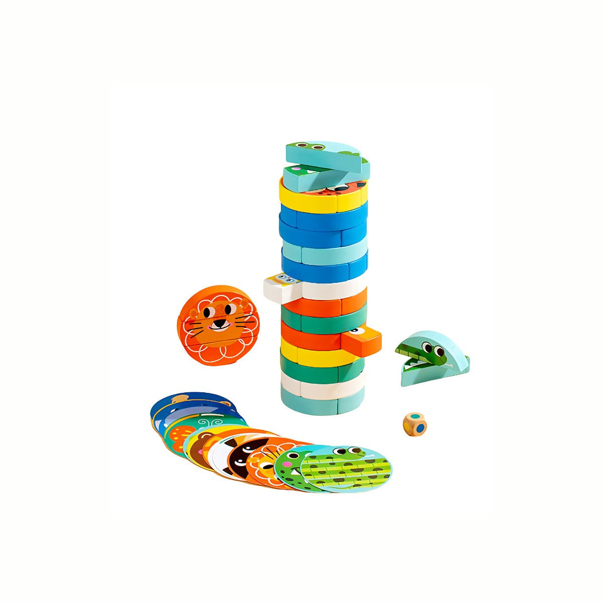 Wooden Animal Matching Jenga Game, showing the partially built block tower, loose blocks, and animal matching cards, a high-quality toy.