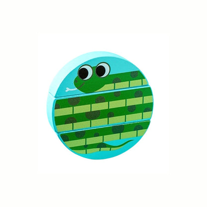 A completed set of three Wooden Animal Matching Jenga Game blocks assembled to form an adorable wooden animal figure.