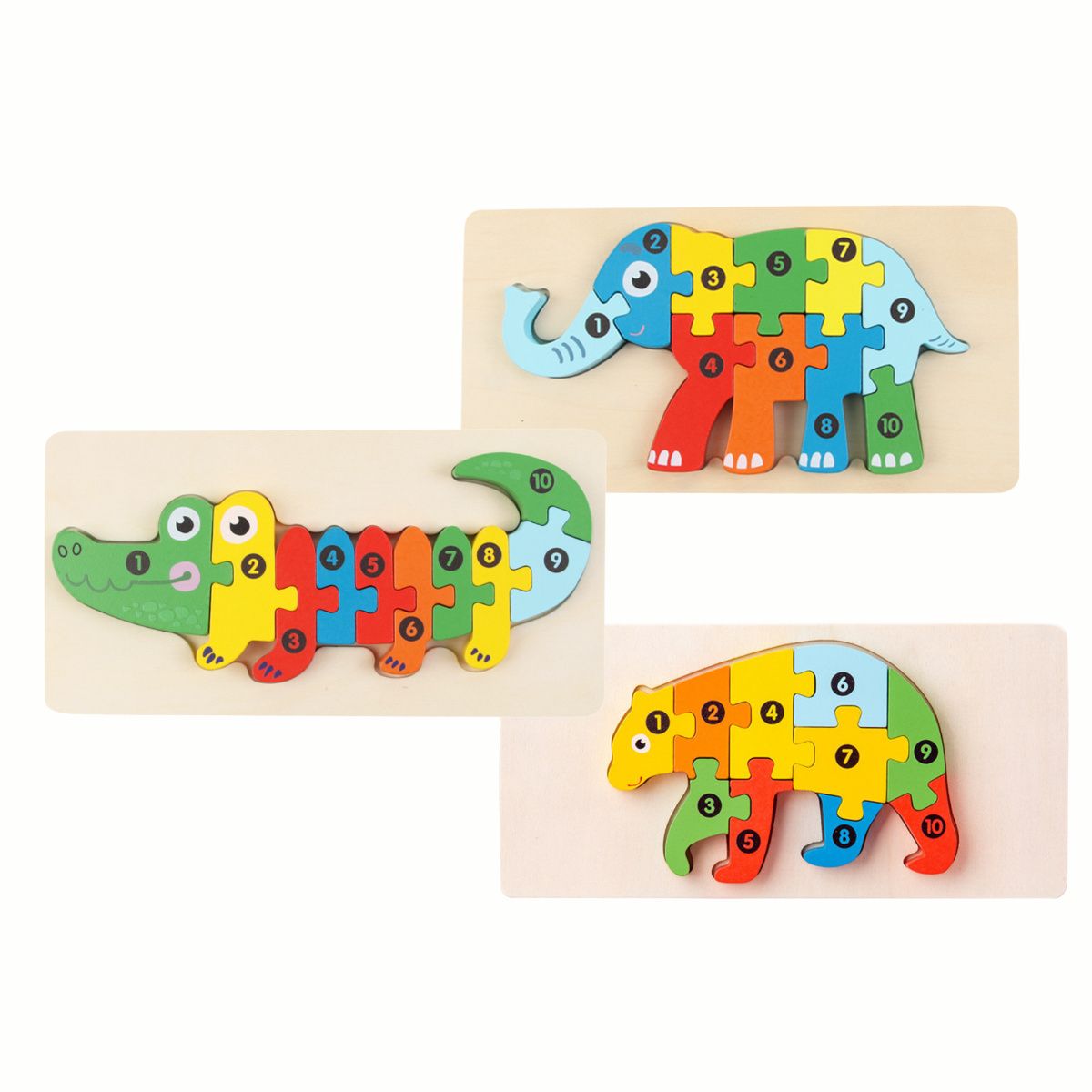Wooden Animal Number Puzzle set, showing the completed Elephant, Alligator, and Bear puzzles with pieces numbered 1 through 10, promoting number recognition and sequencing skills.