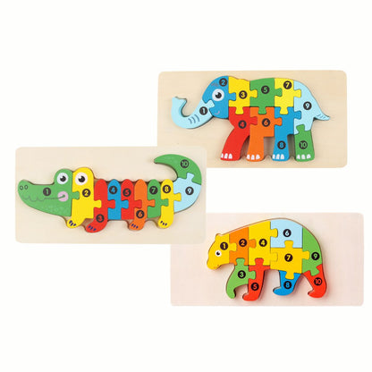 Wooden Animal Number Puzzle set, showing the completed Elephant, Alligator, and Bear puzzles with pieces numbered 1 through 10, promoting number recognition and sequencing skills.