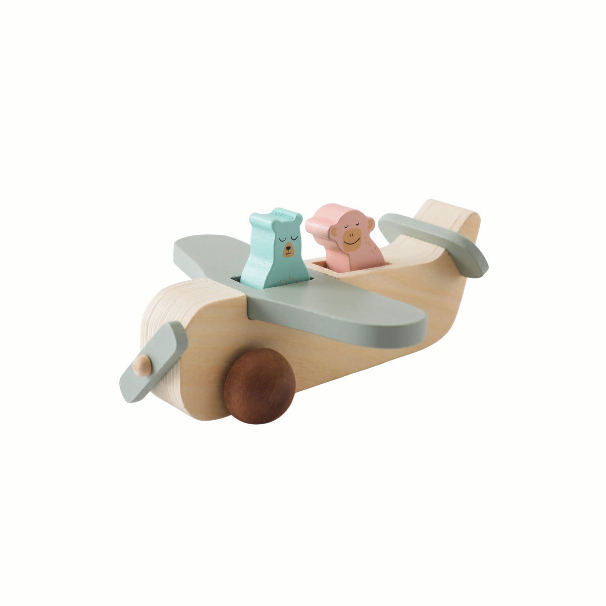 Wooden Animal Plane, showing the airplane with two wooden animal figures seated in the cockpit, a high-quality toy.