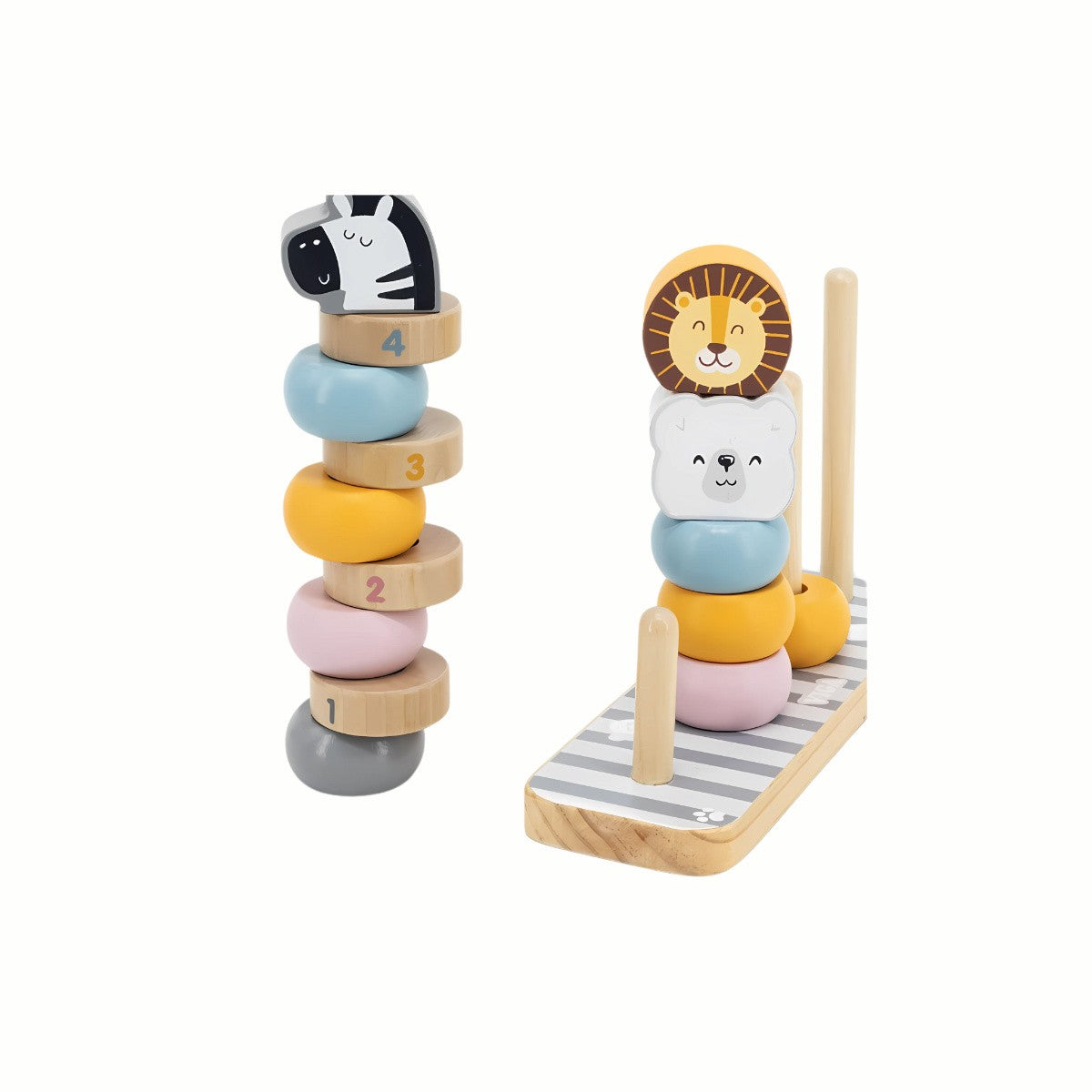 Wooden Animal Stacking Rings set with one stack completed and a separate, creative stack nearby, demonstrating open-ended play and fine motor skills development.