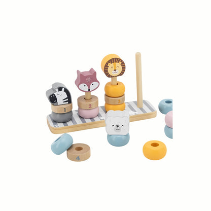 Wooden Animal Stacking Rings, showing the four numbered pegs and rings in grey, pink, yellow, and blue scattered and partially stacked, a sustainably sourced wooden counting toy.