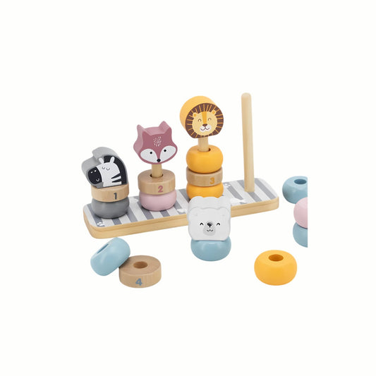 Wooden Animal Stacking Rings, showing the four numbered pegs and rings in grey, pink, yellow, and blue scattered and partially stacked, a sustainably sourced wooden counting toy.
