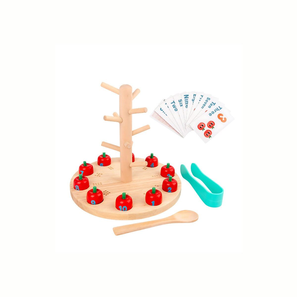 Wooden Apple Tree Counting Game, showing the complete set with the apple tree, all apples neatly organized on the base, and the numbered cards laid out for counting and number matching.