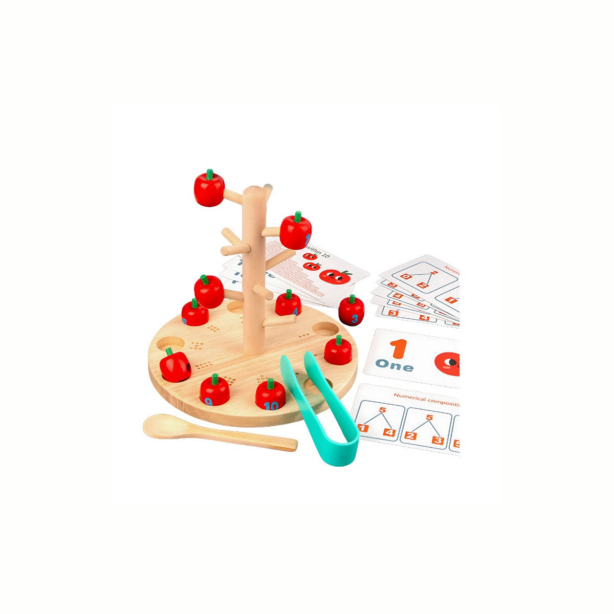 Wooden Apple Tree Counting Game, showing the tree with some apples, the cards, spoon, and tongs, with apples scattered, a high-quality toy.