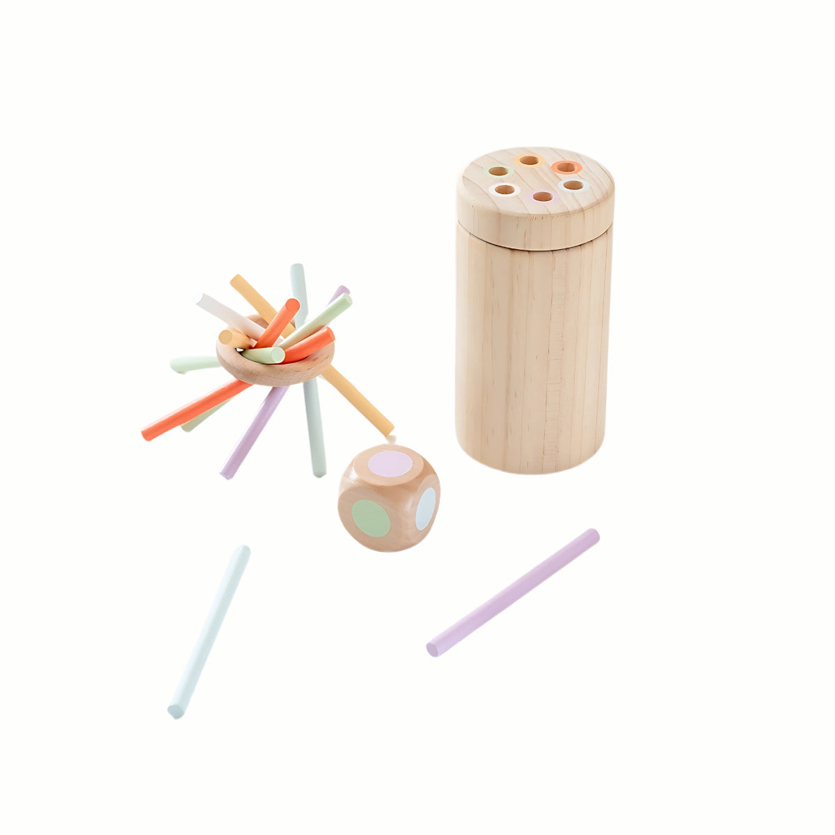 Wooden Balance and Posting Sticks Game, showing the wooden ring with sticks stacked on top, the colored posting container, and the die, a high-quality toy.