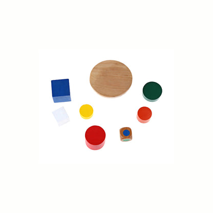 The full set of the Wooden Balance Blocks Game, showing the sturdy wooden base, all colorful uniquely shaped blocks, and the color die, highlighting the game's components