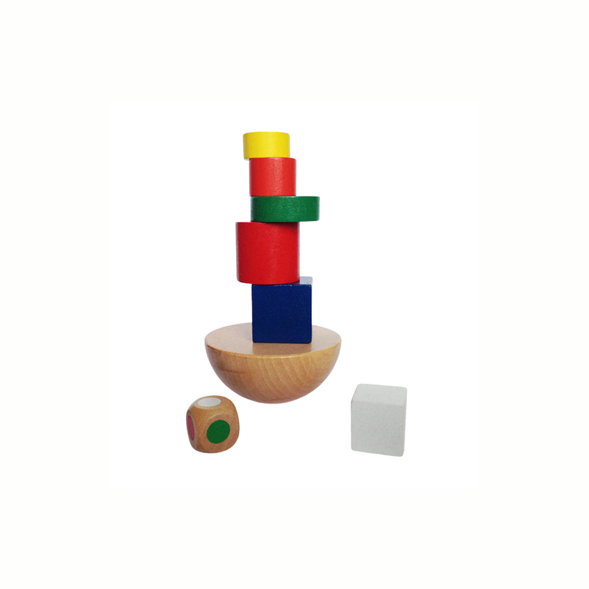 Wooden Balance Blocks Game, showing colorful blocks successfully stacked on the rocking base with the color die nearby, testing hand-eye coordination and strategic thinking.
