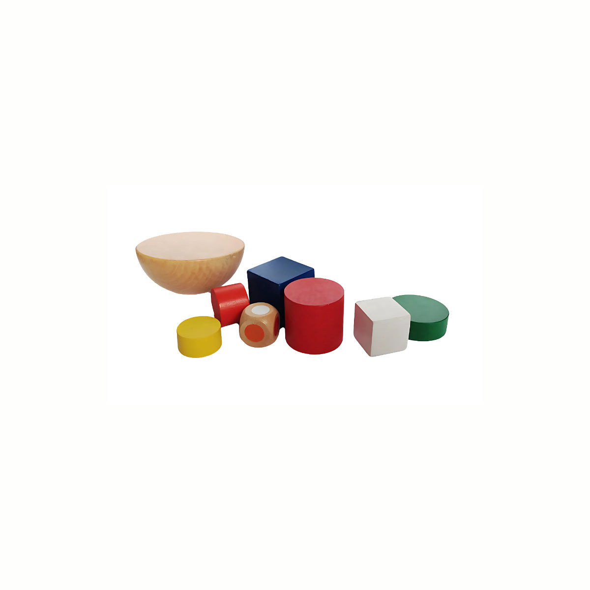 Wooden Balance Blocks Game pieces scattered next to the crescent base and color die, encouraging open-ended play and problem-solving.