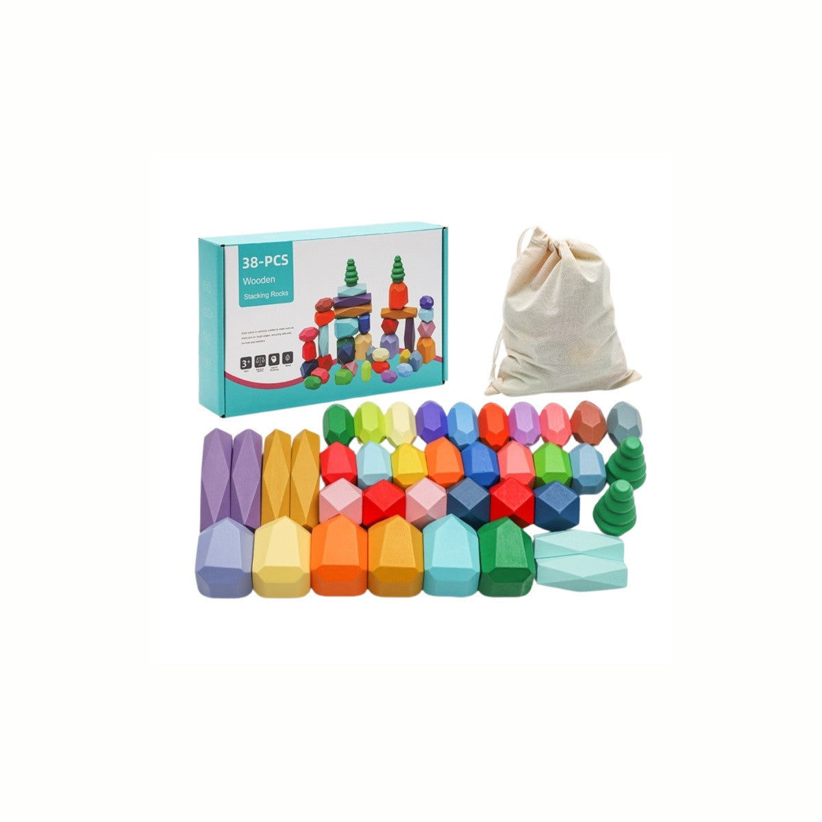 Wooden Balancing Stones Set with all the colorful, uniquely shaped pieces laid out next to the included cloth bag for easy storage.