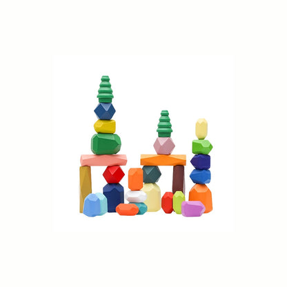 Wooden Balancing Stones Set, showing the colorful stones stacked to form a complex, cool structure, demonstrating balance and construction skills, a high-quality toy.