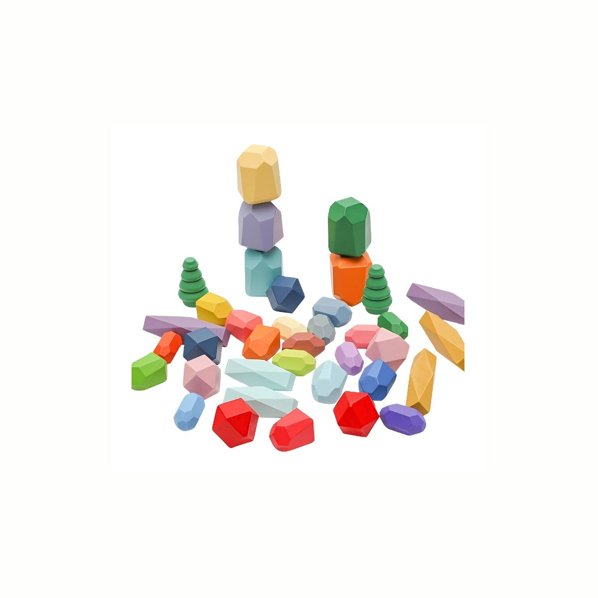 Wooden Balancing Stones Set pieces scattered with some already built into challenging small towers, highlighting open-ended play possibilities.