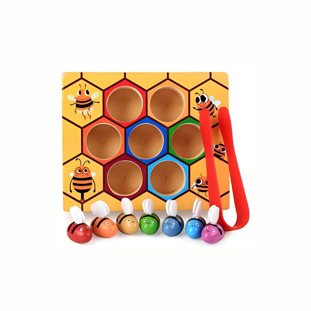 Wooden Bee to Hive Matching Game, showing all the colored wooden bees laid out next to the honeycomb base, illustrating the activity of matching each bee to its corresponding color hive cell.