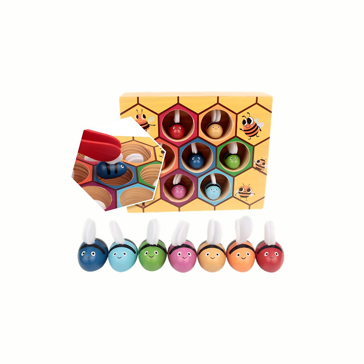A close-up of the tongs gently lifting a colored wooden bee from the honeycomb cell of the Wooden Bee to Hive Matching Game, enhancing hand-eye coordination and concentration.