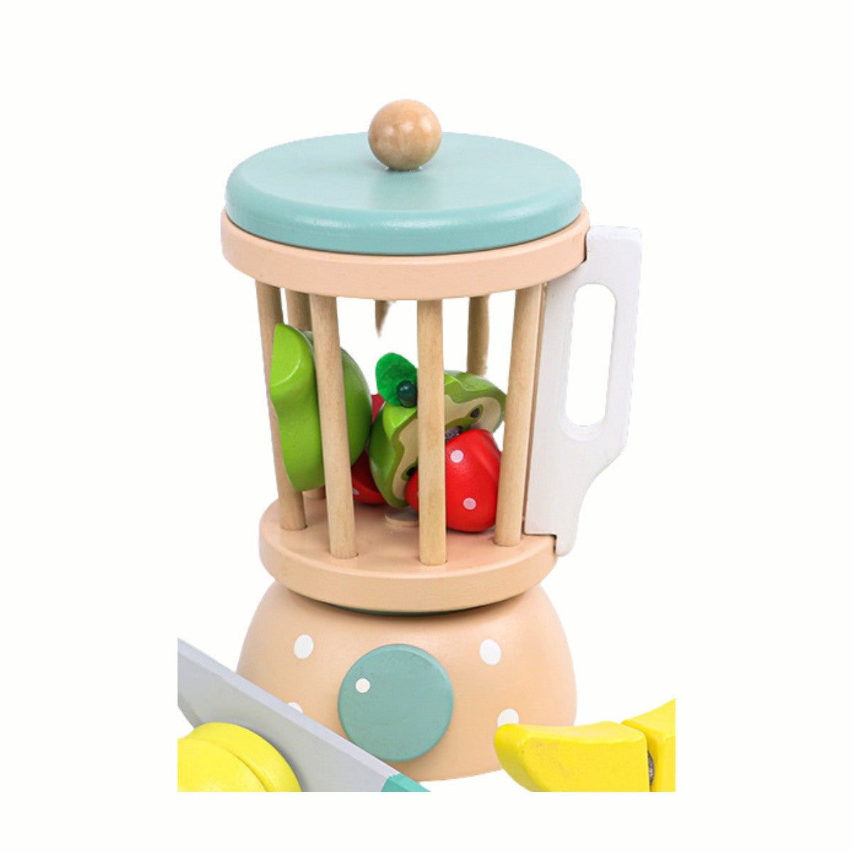A close-up of the Wooden Blender and Fruit Set, highlighting the details of the blender