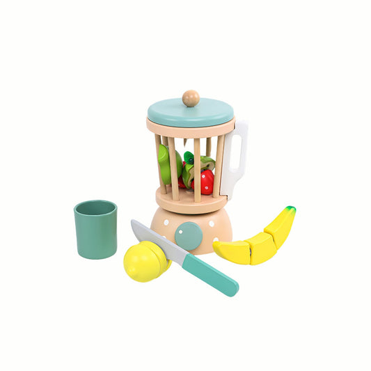 Wooden Blender and Fruit Set, showing the blender, cup, and various colorful sliceable fruit pieces, a sustainably sourced pretend play food toy.