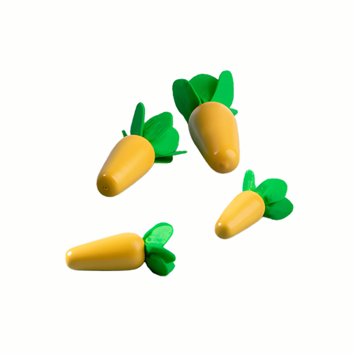 A close-up of the small, brightly colored wooden carrots from the Wooden Bunny & Carrot Balancing Game, used to test balance and precision.