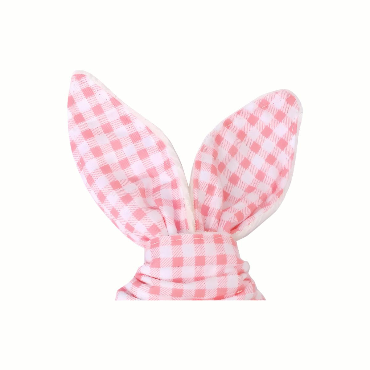 Close-up of the pink and white gingham fabric on the Wooden Bunny Teething Ring, demonstrating the easy grip and soft texture for little hands.
