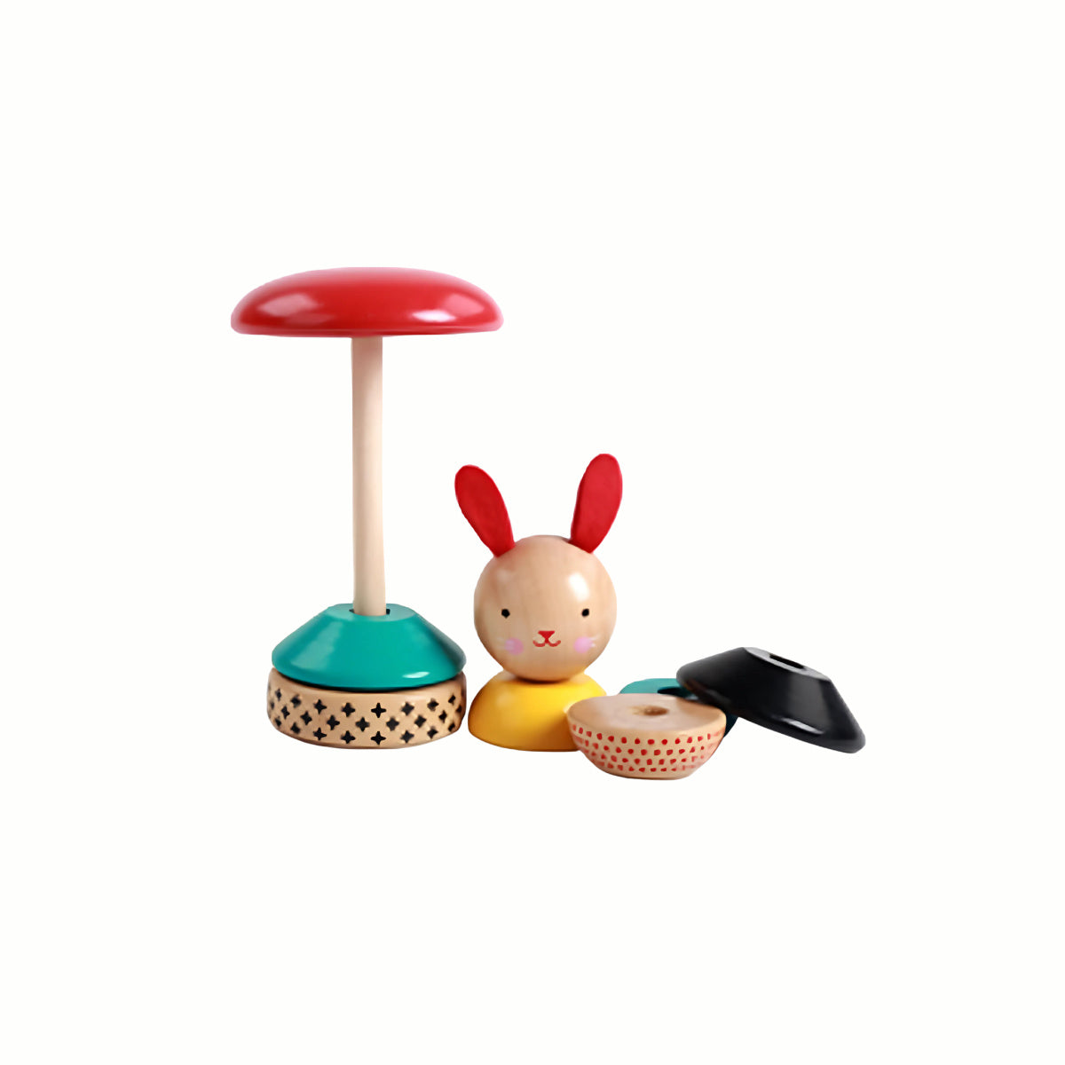 The Wooden Bunny Stacking Tower shown partly stacked with pieces next to it, encouraging the development of fine motor skills, hand-eye coordination, and spatial reasoning.