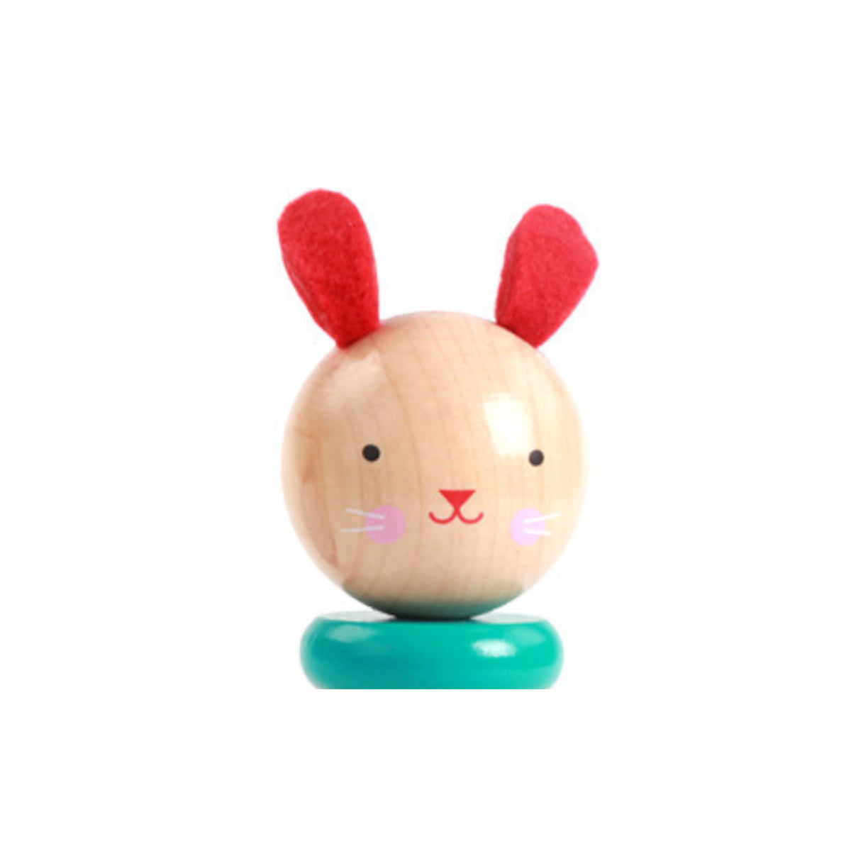 Close-up of the Wooden Bunny Stacking Tower head, showcasing the cute felt ears and smooth, water-based painted wood that supports early coordination.