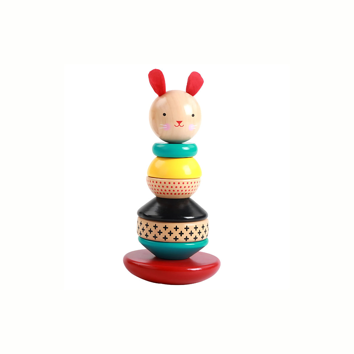 Wooden Bunny Stacking Tower fully stacked with the charming bunny head on top, a durable and engaging toy crafted from sustainably sourced wood and felt