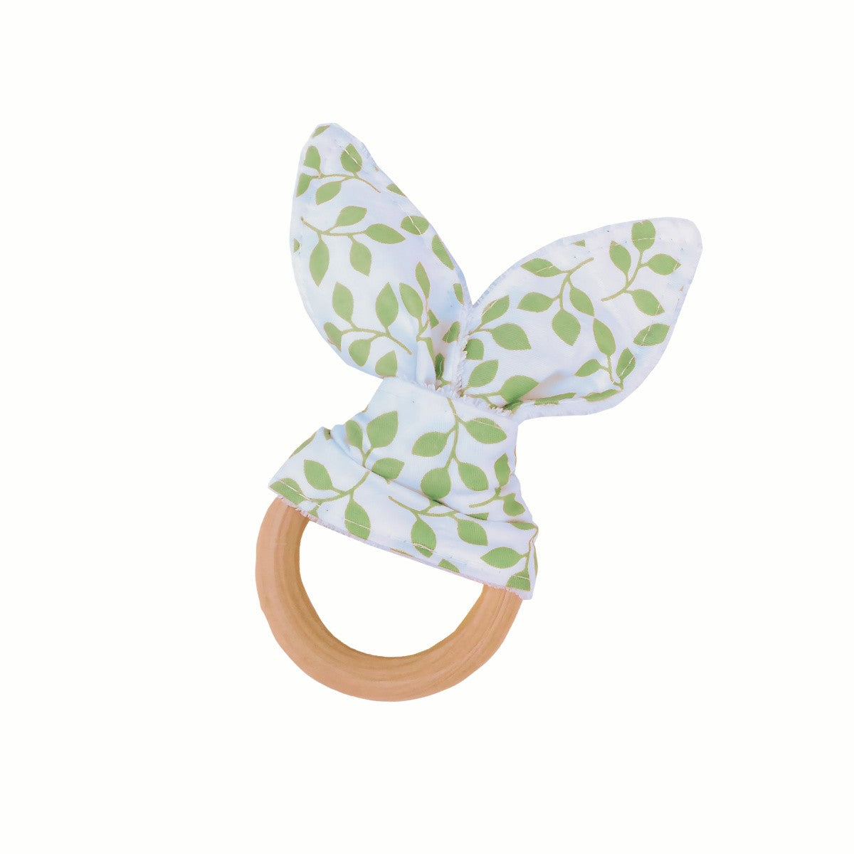 Full view of the white with green leaf print Wooden Bunny Teething Ring, featuring the natural wood ring that offers a pleasant texture.