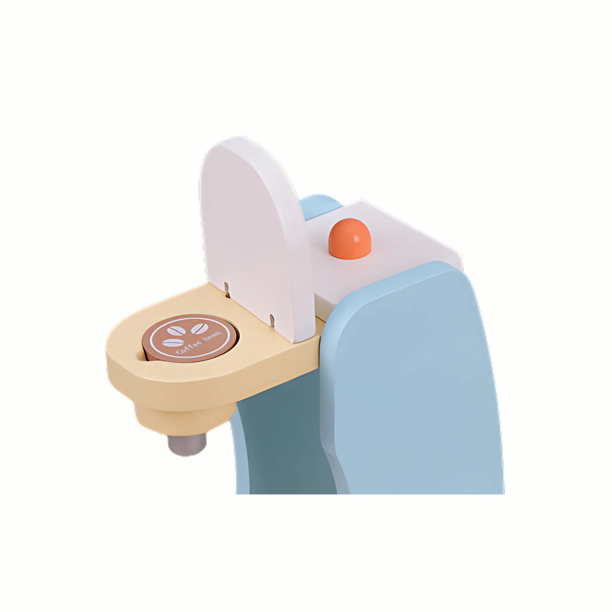 Close-up of the top of the Wooden Coffee Maker Set where the pretend coffee pod is inserted, encouraging fine motor skills.