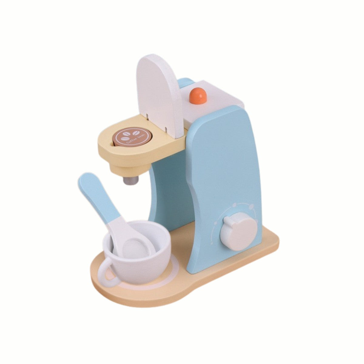 Close-up of the spoon stirring the pretend coffee in the cup from the Wooden Coffee Maker Set, inspiring imaginative play and social skills.