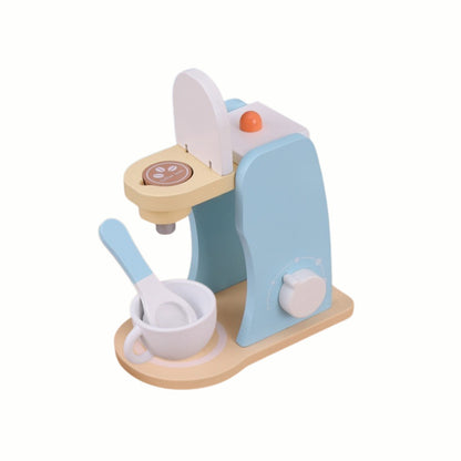 Close-up of the spoon stirring the pretend coffee in the cup from the Wooden Coffee Maker Set, inspiring imaginative play and social skills.