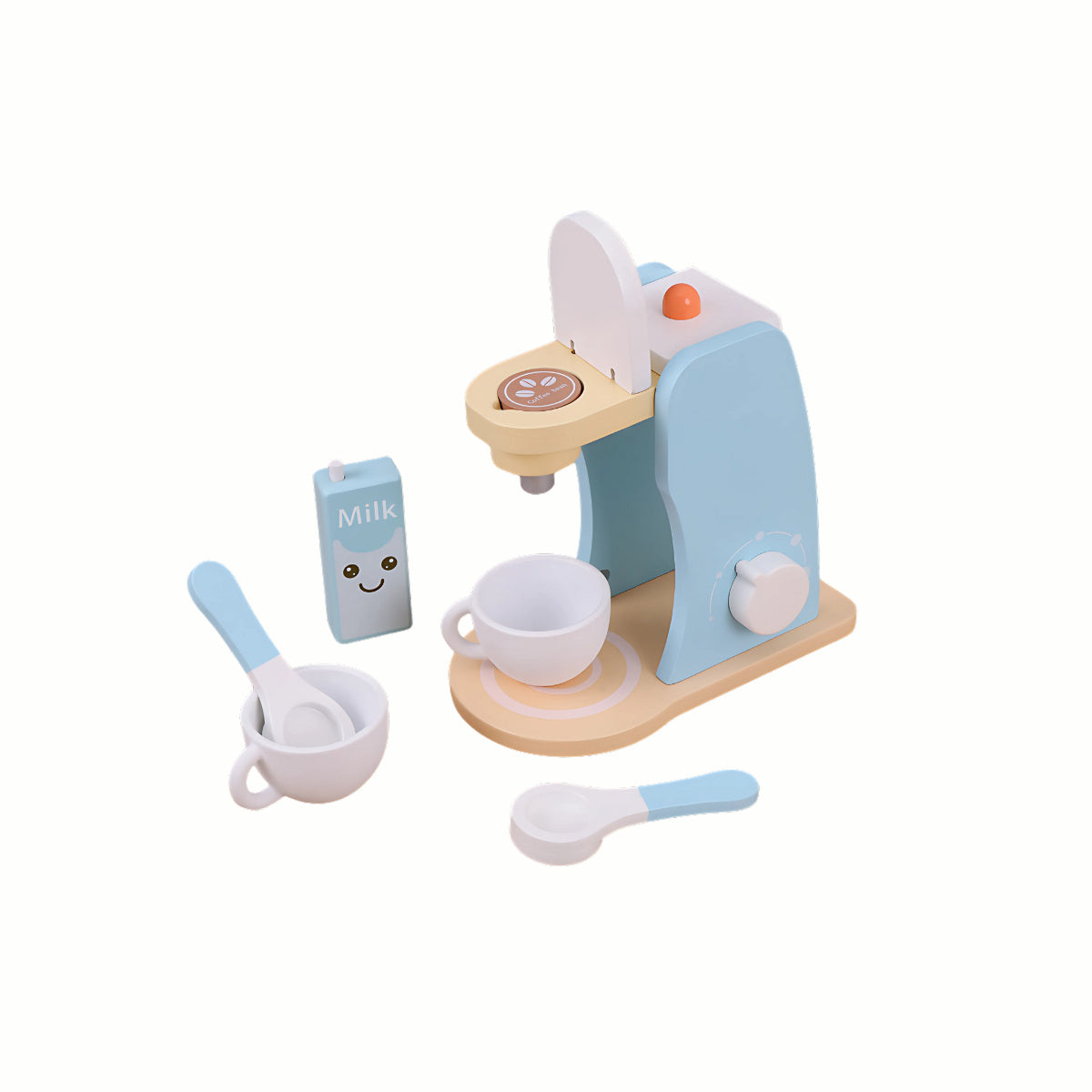 Wooden Coffee Maker Set, showing the machine, cup, spoon, and pretend coffee pods, a sustainably sourced pretend play toy for kids.